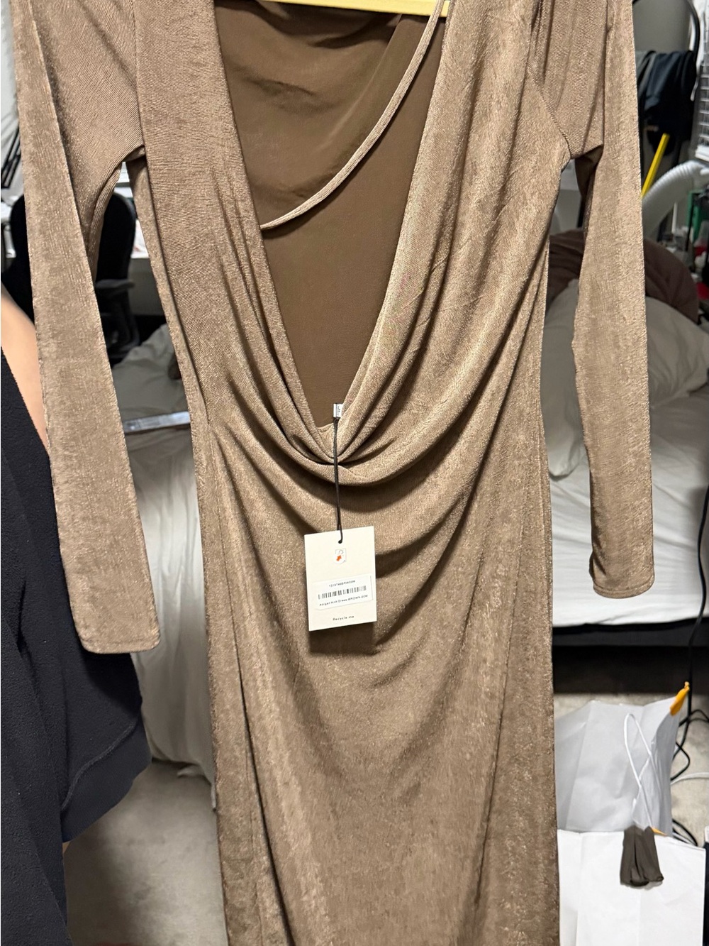 Reformation Taupe Draped Long Sleeve Midi Dress